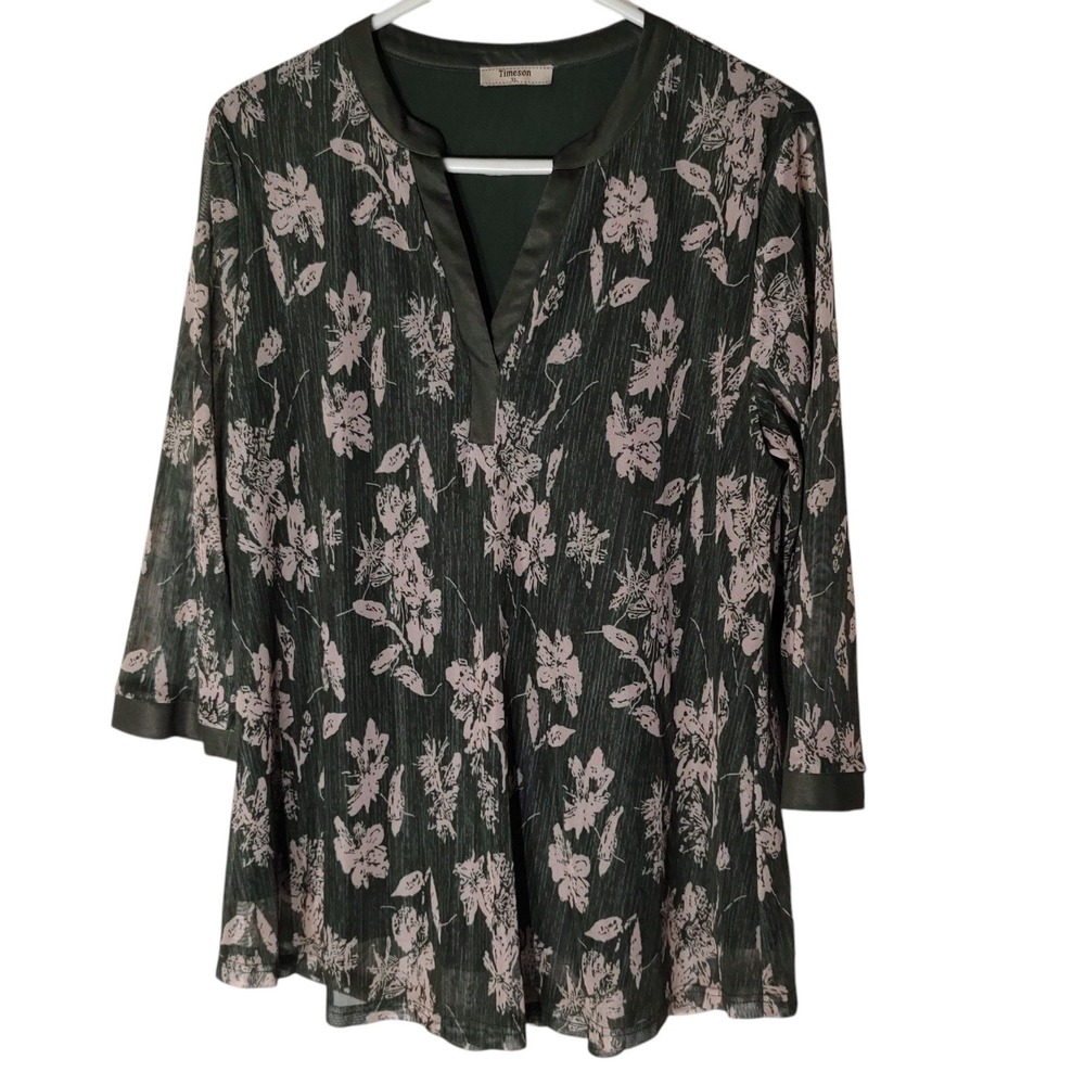 Timeson Floral Blouse Shirt Double Layer Green‎ Tan V Neck Womans Extra Large